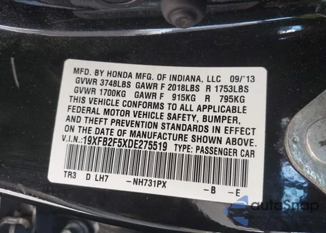 2013 Honda Civic Lx z USA, uszkodzony, nr VIN 19XFB2F5XDE275519